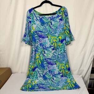 Pappagallo Tropical Palm Leaf Print Ruffle Sleeve Dress Size L